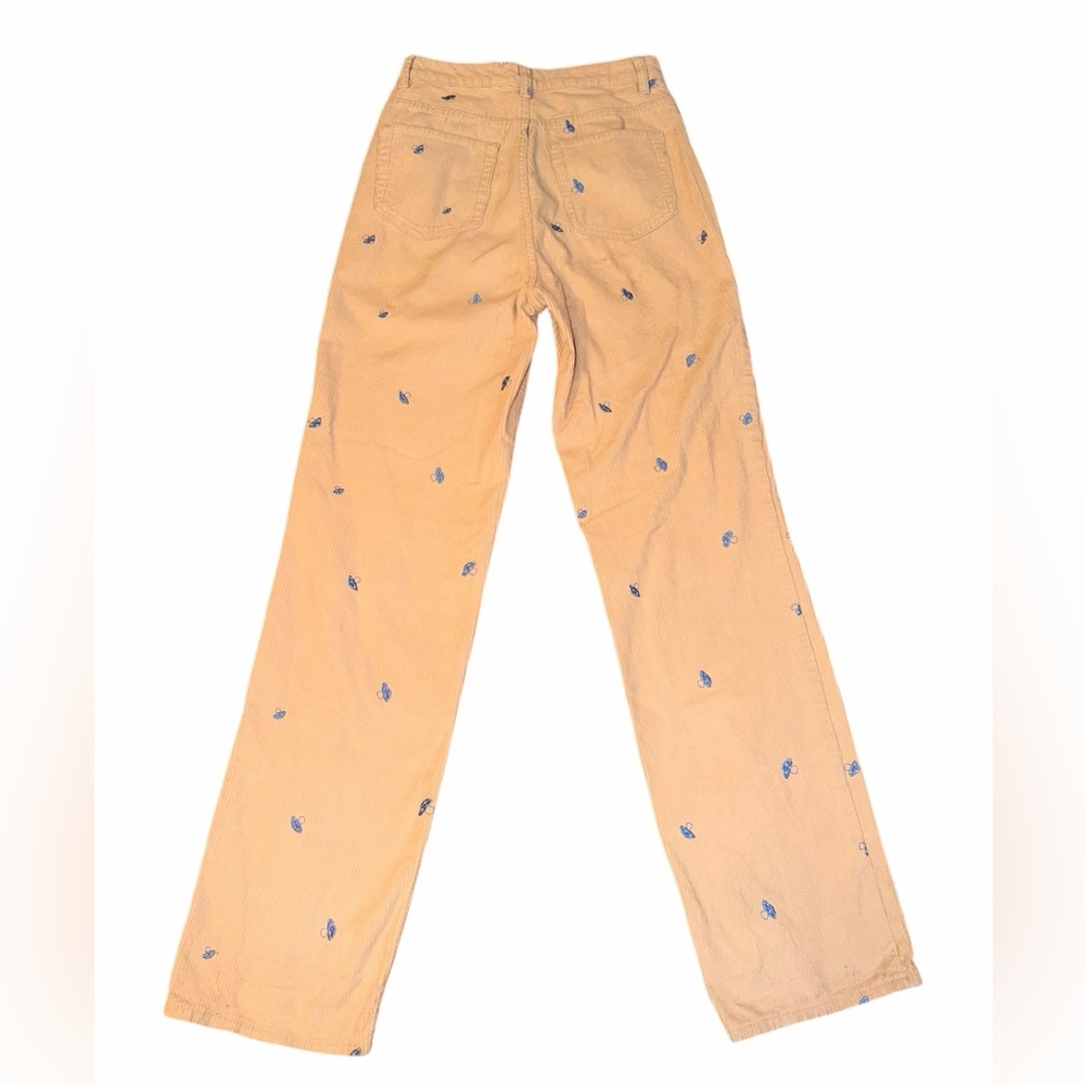 PacSun Boyfriend Corduroy Pants | Beige + Blue Embroidered Mushrooms - Size: 27 - Picture 3 of 7